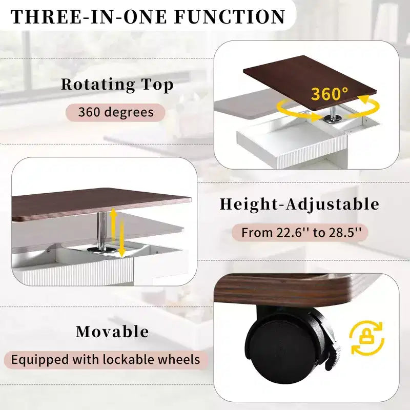 Tavolino con Ruote, Piano Sollevabile a 360° e Vano Contenitore