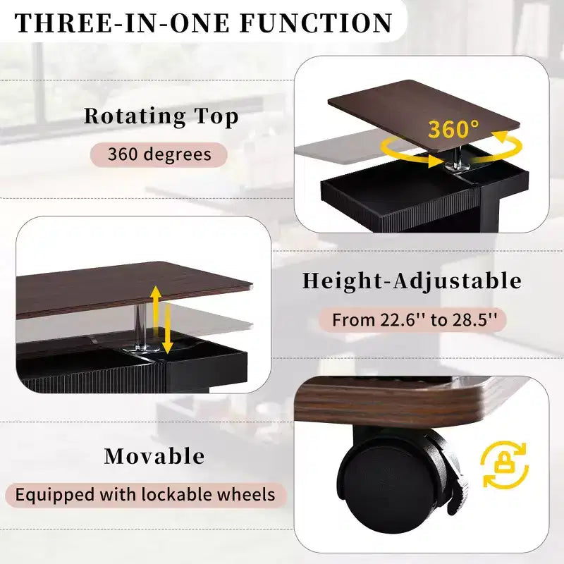 Tavolino con Ruote, Piano Sollevabile a 360° e Vano Contenitore
