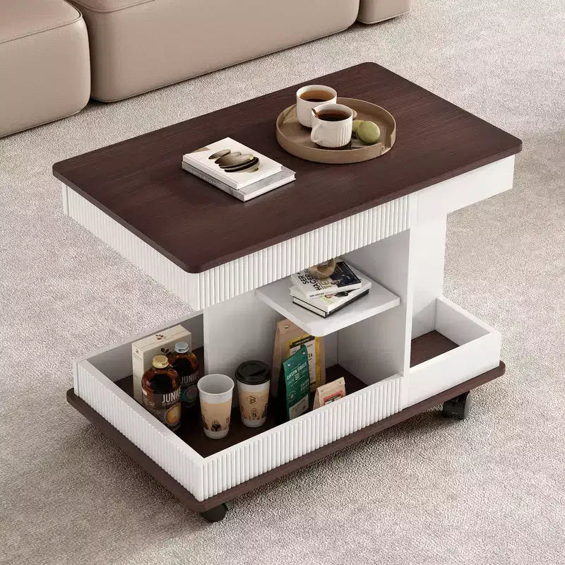 Tavolino con Ruote, Piano Sollevabile a 360° e Vano Contenitore