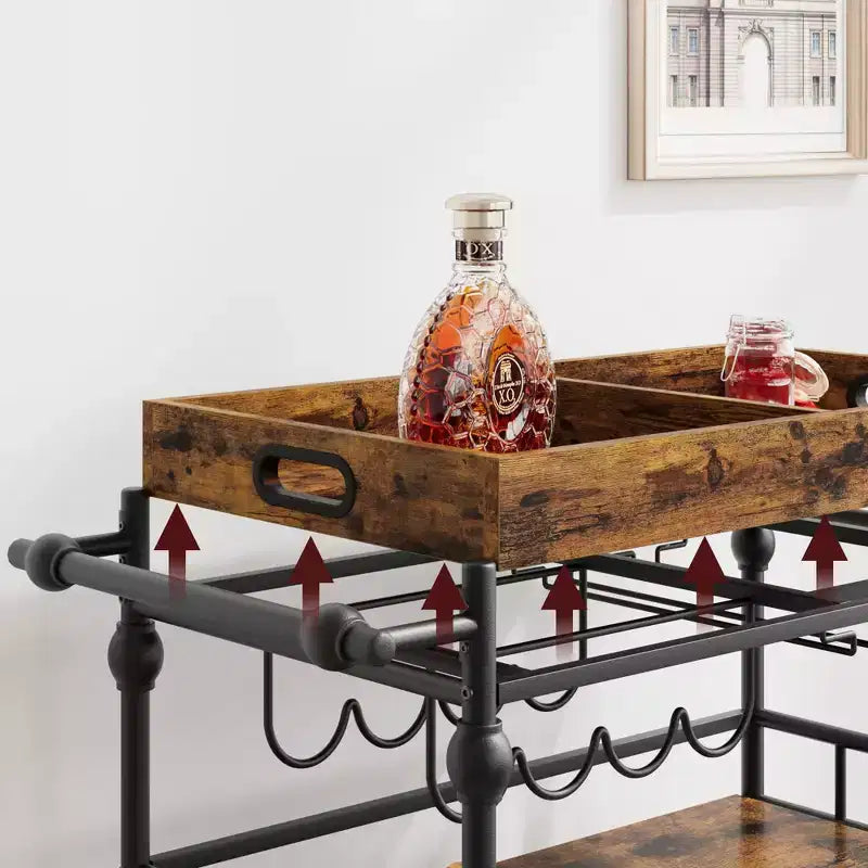 Carrello Bar da Cucina a 3 Livelli con Portabottiglie e Vassoio Rimovibile