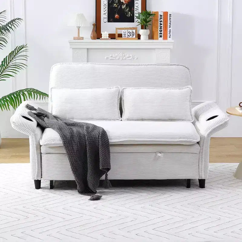 Divano Letto Due Posti in Tessuto a Righe Beige per Camera da Letto o Salotto