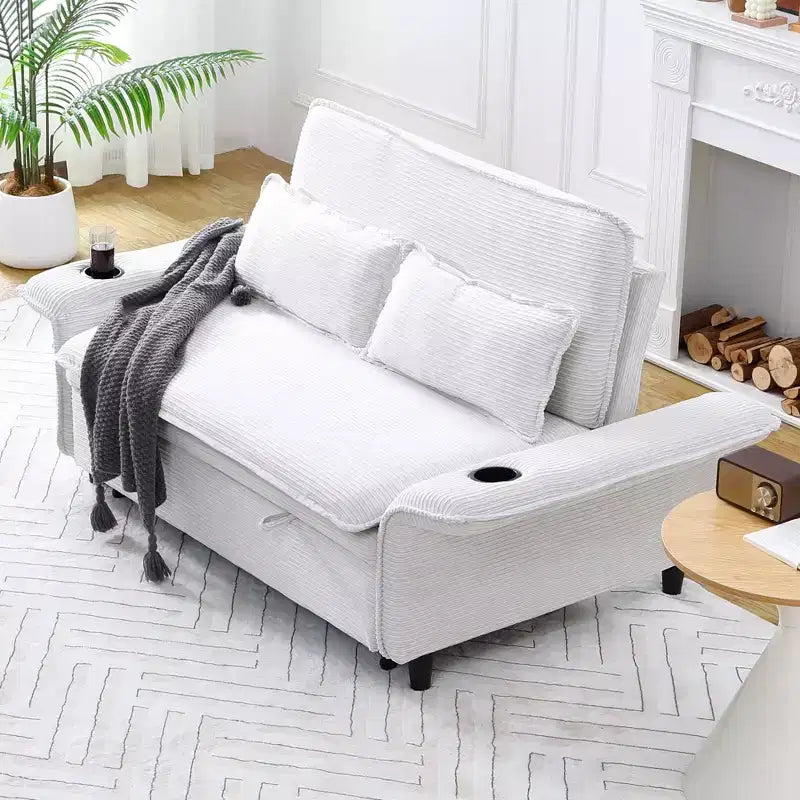 Divano Letto Due Posti in Tessuto a Righe Beige per Camera da Letto o Salotto
