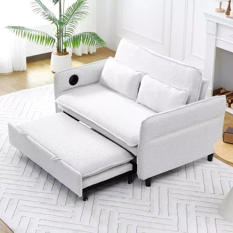 Divano Letto Due Posti in Tessuto a Righe Beige per Camera da Letto o Salotto