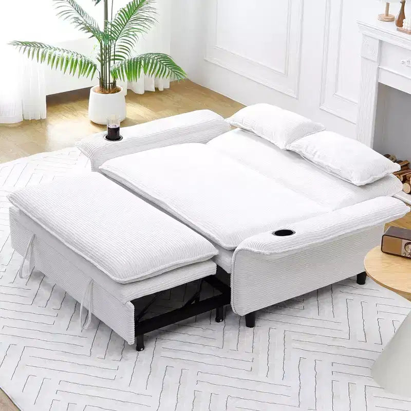 Divano Letto Due Posti in Tessuto a Righe Beige per Camera da Letto o Salotto