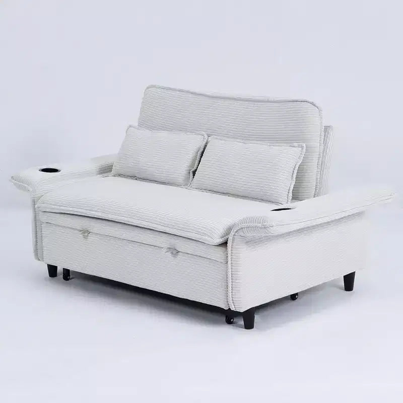 Divano Letto Due Posti in Tessuto a Righe Beige per Camera da Letto o Salotto