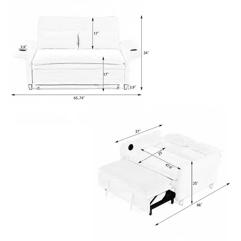 Divano Letto Due Posti in Tessuto a Righe Beige per Camera da Letto o Salotto