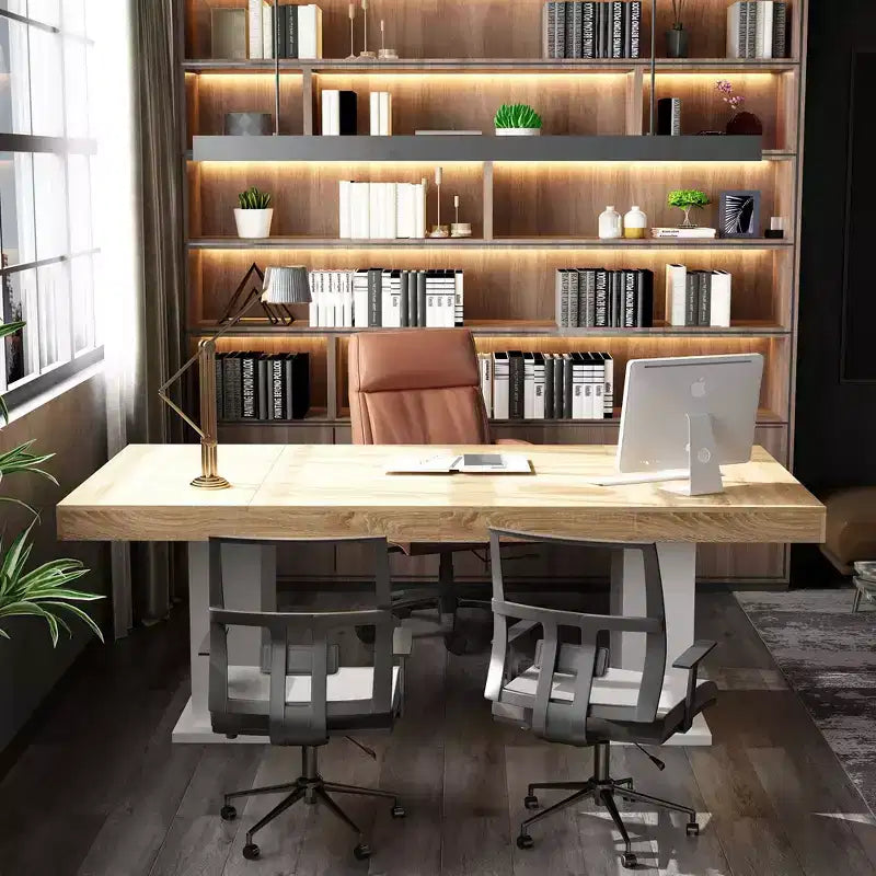 Tavolo da pranzo/ufficio in legno multi-scena Famapy: design a doppia colonna, superficie spaziosa, perfetto per ufficio e sala da pranzo