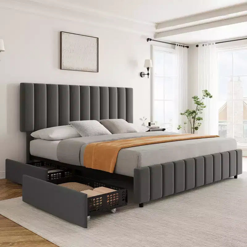 Letto imbottito in lino trapuntato con testiera regolabile e 4 cassetti contenitore