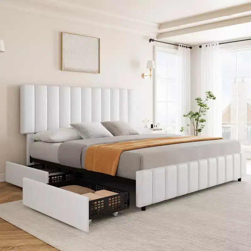 Letto imbottito in lino trapuntato con testiera regolabile e 4 cassetti contenitore