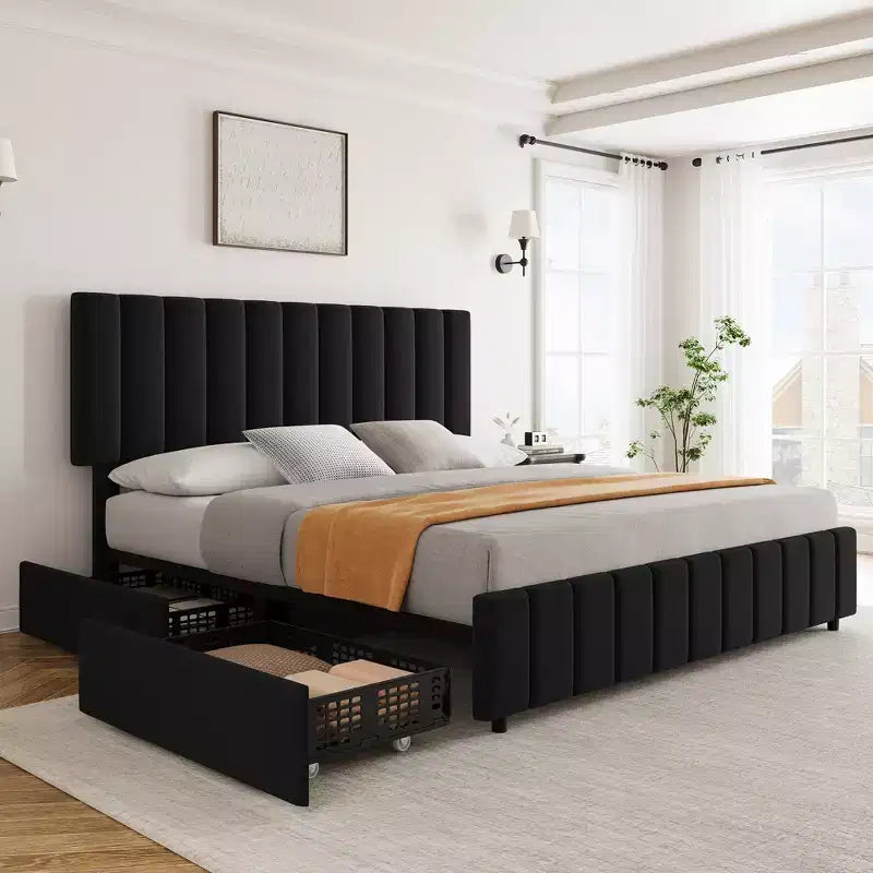 Letto imbottito in lino trapuntato con testiera regolabile e 4 cassetti contenitore