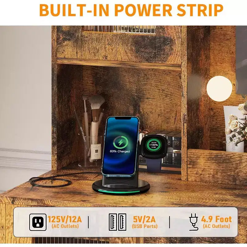 Toeletta con specchio, 3 modalità di illuminazione, prese di corrente e porte USB integrate, cassetti e mobiletto.