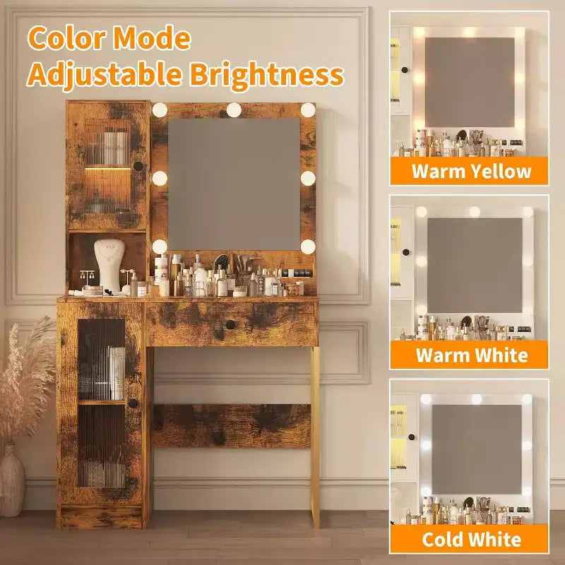 Toeletta con specchio, 3 modalità di illuminazione, prese di corrente e porte USB integrate, cassetti e mobiletto.
