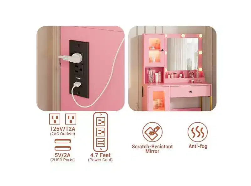 Toeletta con specchio, 3 modalità di illuminazione, prese di corrente e porte USB integrate, cassetti e mobiletto.