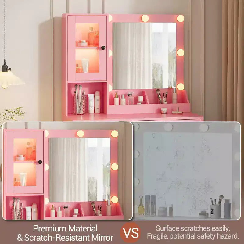Toeletta con specchio, 3 modalità di illuminazione, prese di corrente e porte USB integrate, cassetti e mobiletto.