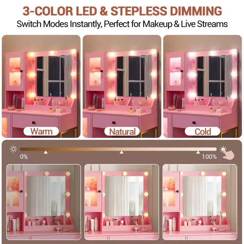 Toeletta con specchio, 3 modalità di illuminazione, prese di corrente e porte USB integrate, cassetti e mobiletto.