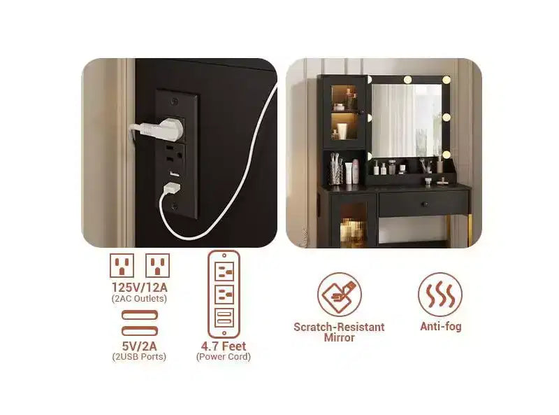 Toeletta con specchio, 3 modalità di illuminazione, prese di corrente e porte USB integrate, cassetti e mobiletto.