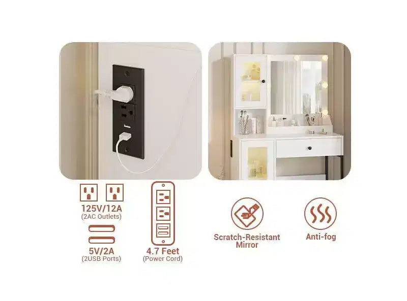 Toeletta con specchio, 3 modalità di illuminazione, prese di corrente e porte USB integrate, cassetti e mobiletto.
