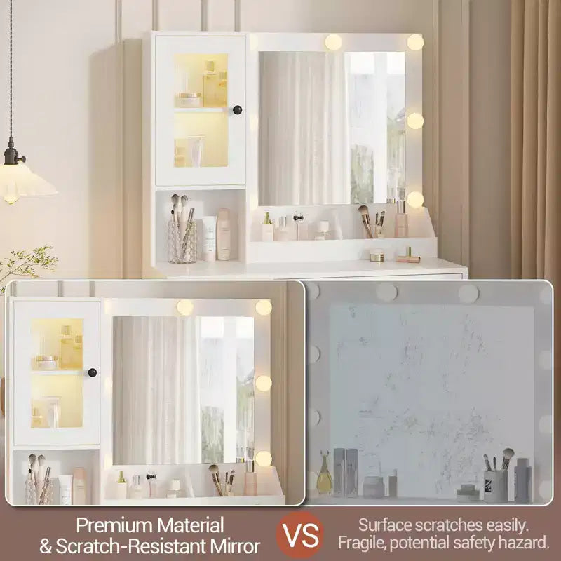 Toeletta con specchio, 3 modalità di illuminazione, prese di corrente e porte USB integrate, cassetti e mobiletto.