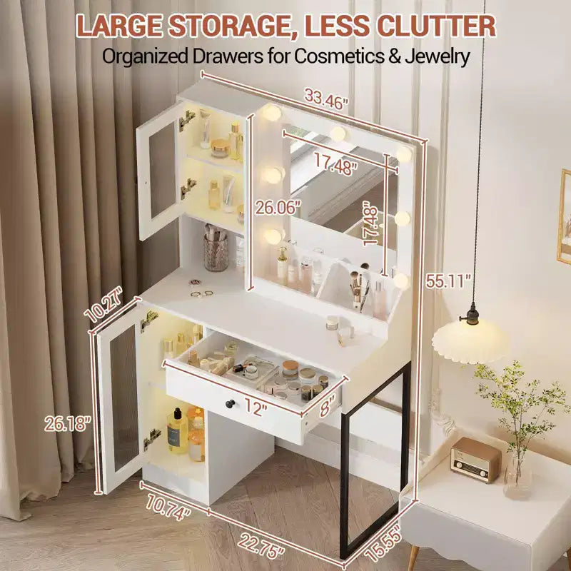 Toeletta con specchio, 3 modalità di illuminazione, prese di corrente e porte USB integrate, cassetti e mobiletto.