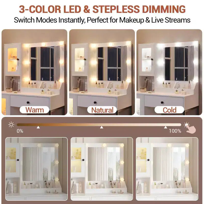 Toeletta con specchio, 3 modalità di illuminazione, prese di corrente e porte USB integrate, cassetti e mobiletto.