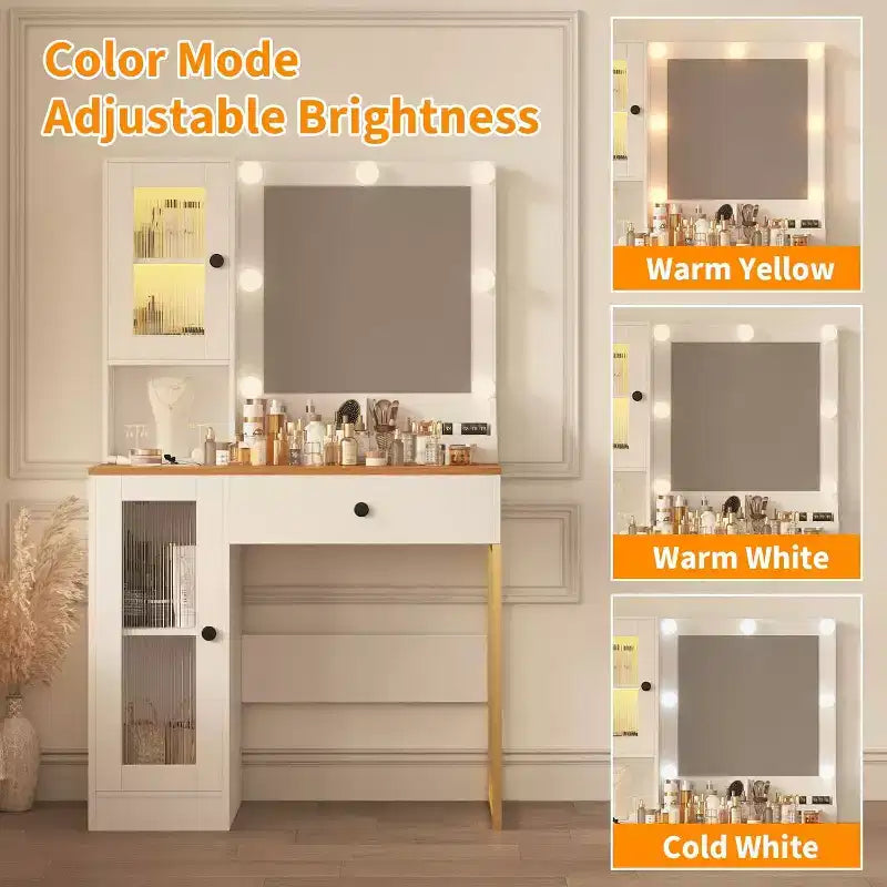 Toeletta con specchio, 3 modalità di illuminazione, prese di corrente e porte USB integrate, cassetti e mobiletto.