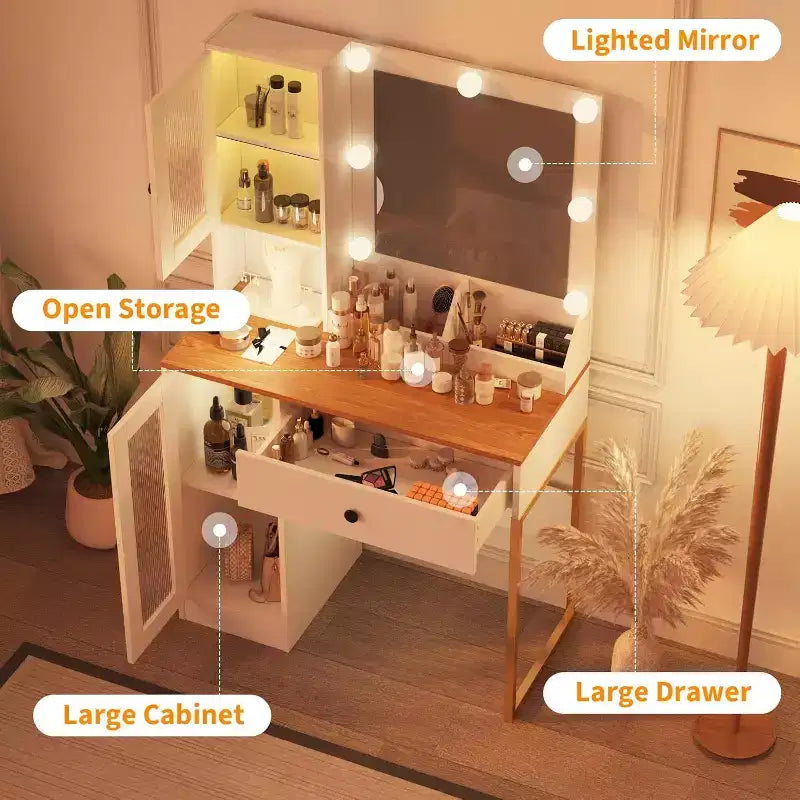Toeletta con specchio, 3 modalità di illuminazione, prese di corrente e porte USB integrate, cassetti e mobiletto.