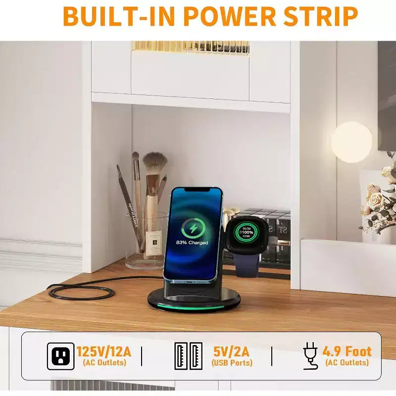 Toeletta con specchio, 3 modalità di illuminazione, prese di corrente e porte USB integrate, cassetti e mobiletto.