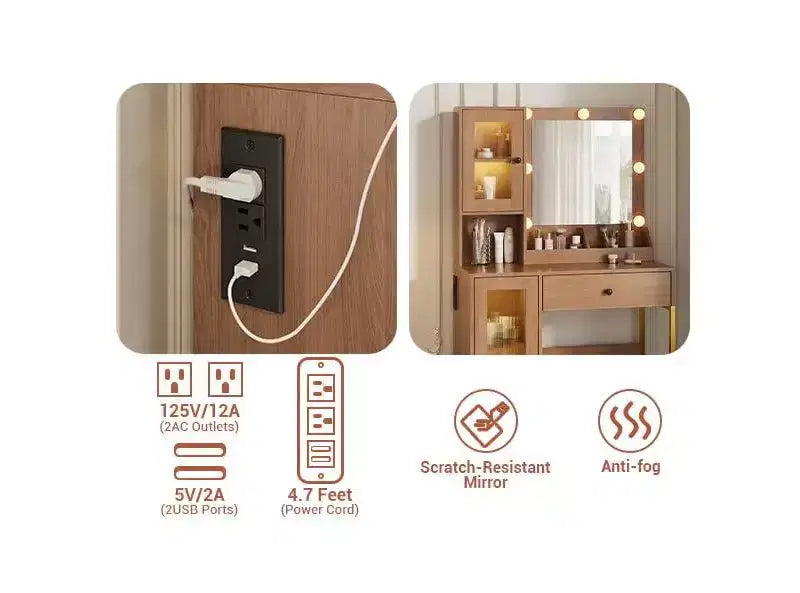 Toeletta con specchio, 3 modalità di illuminazione, prese di corrente e porte USB integrate, cassetti e mobiletto.