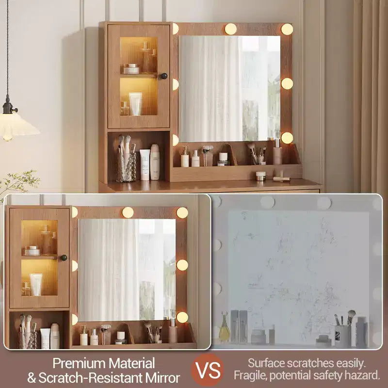Toeletta con specchio, 3 modalità di illuminazione, prese di corrente e porte USB integrate, cassetti e mobiletto.
