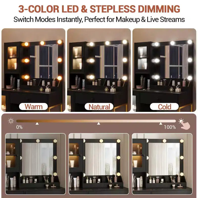 Toeletta con specchio, 3 modalità di illuminazione, prese di corrente e porte USB integrate, cassetti e mobiletto.