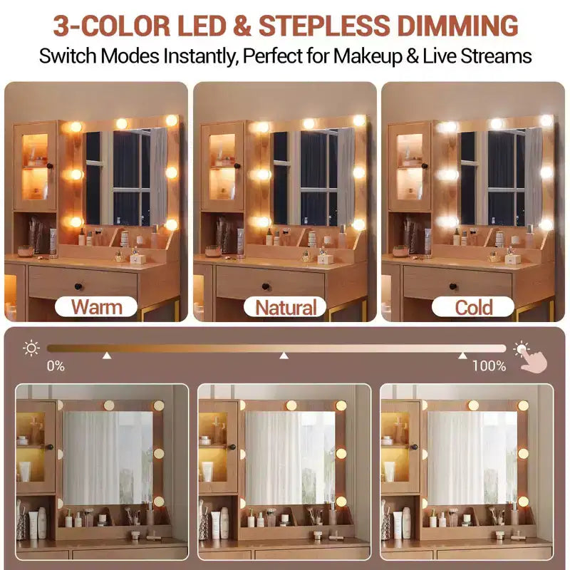 Toeletta con specchio, 3 modalità di illuminazione, prese di corrente e porte USB integrate, cassetti e mobiletto.
