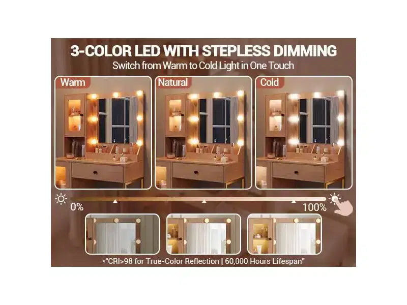 Toeletta con specchio, 3 modalità di illuminazione, prese di corrente e porte USB integrate, cassetti e mobiletto.