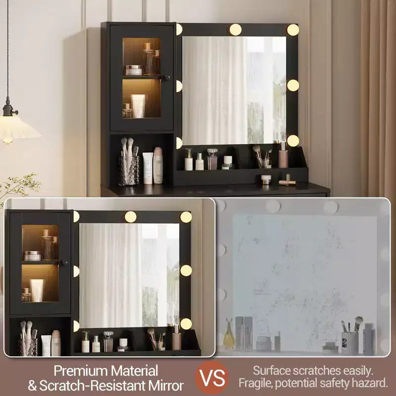 Toeletta con specchio, 3 modalità di illuminazione, prese di corrente e porte USB integrate, cassetti e mobiletto.