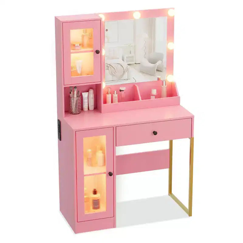 Toeletta con specchio, 3 modalità di illuminazione, prese di corrente e porte USB integrate, cassetti e mobiletto.