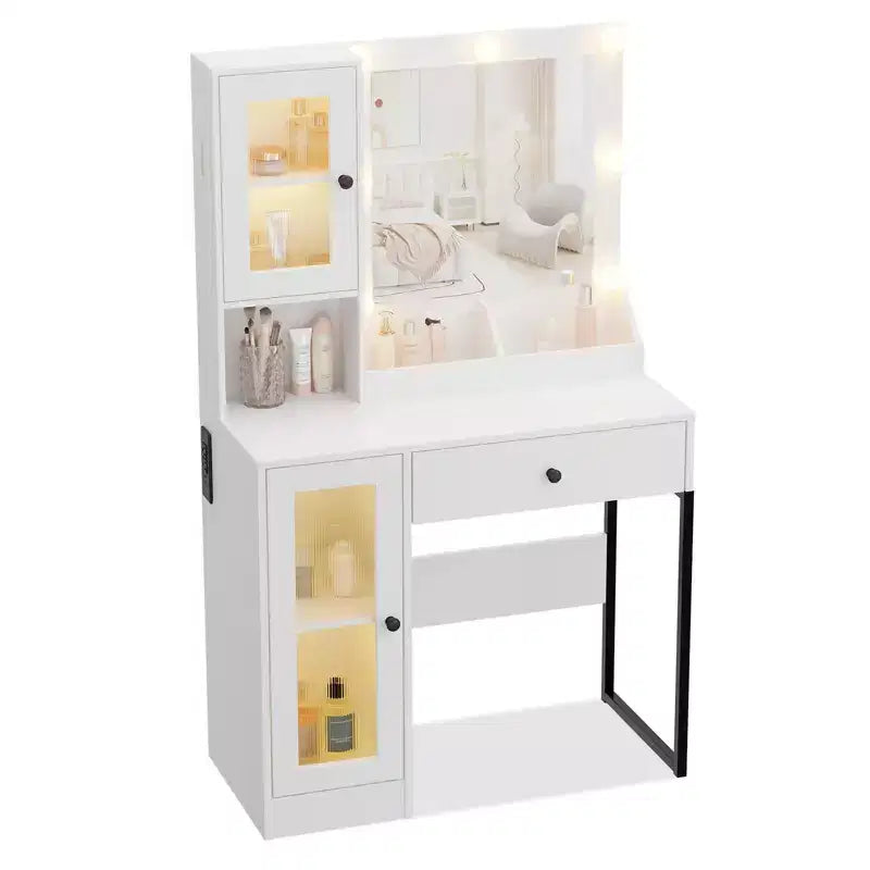Toeletta con specchio, 3 modalità di illuminazione, prese di corrente e porte USB integrate, cassetti e mobiletto.