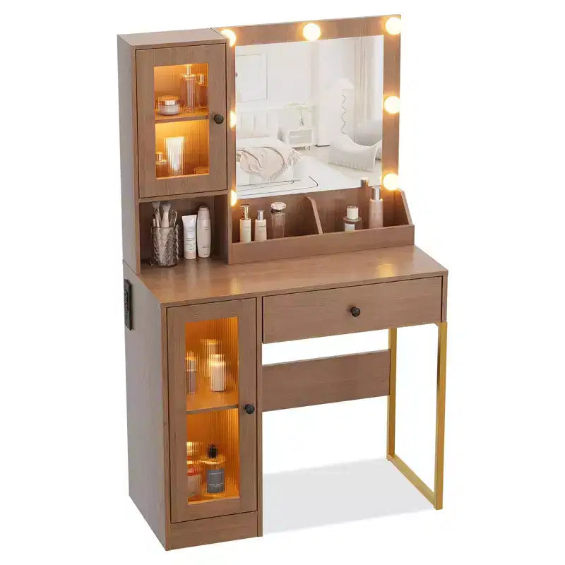 Toeletta con specchio, 3 modalità di illuminazione, prese di corrente e porte USB integrate, cassetti e mobiletto.