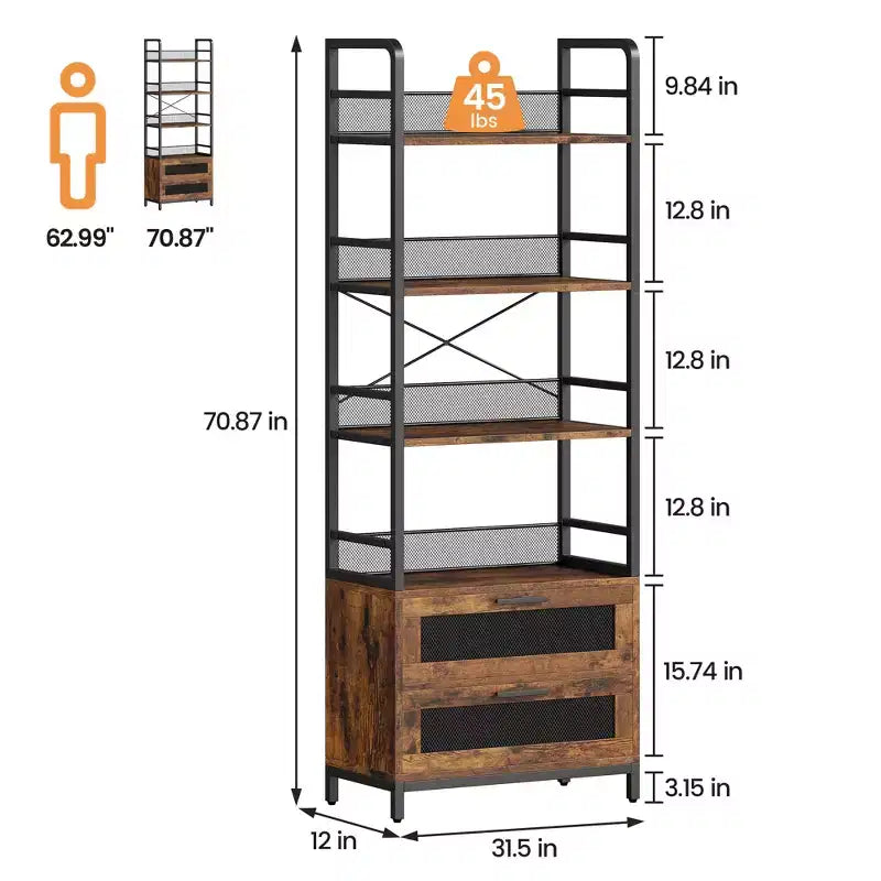 Libreria industriale a 4 ripiani con 2 cassetti, espositore alto 180 cm