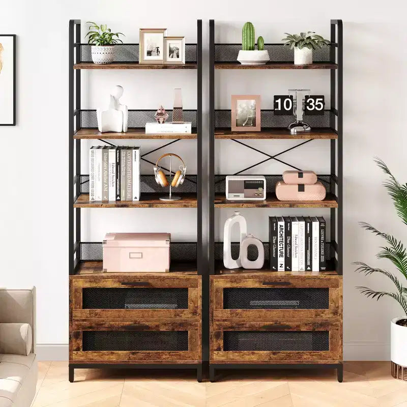 Libreria industriale a 4 ripiani con 2 cassetti, espositore alto 180 cm