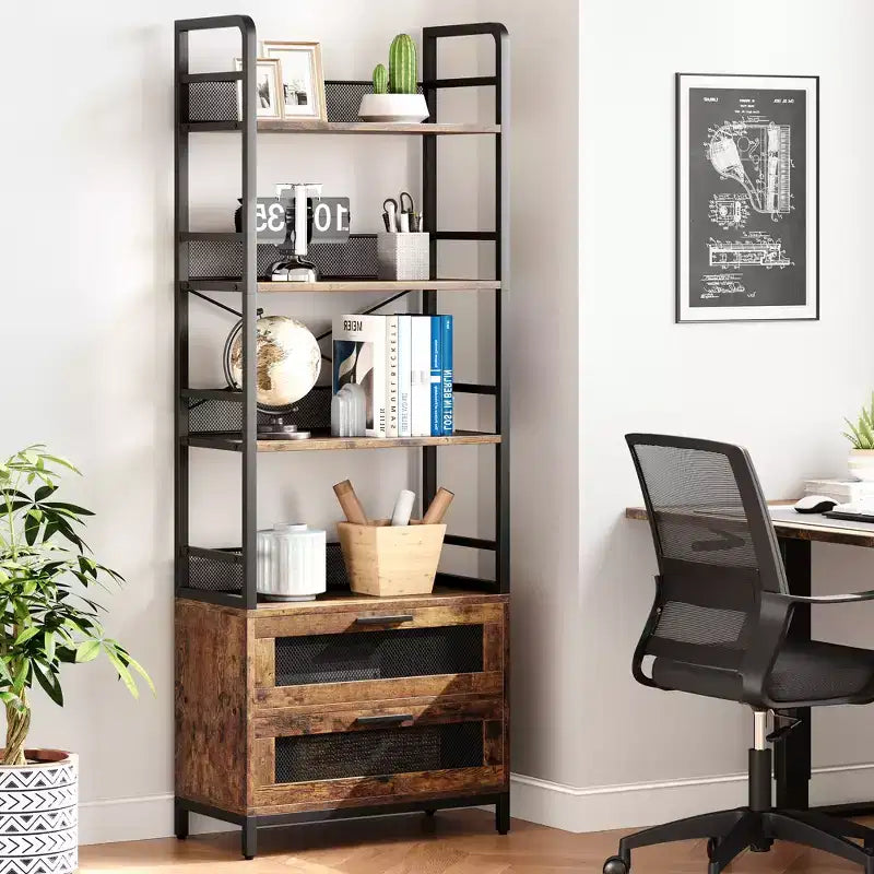 Libreria industriale a 4 ripiani con 2 cassetti, espositore alto 180 cm
