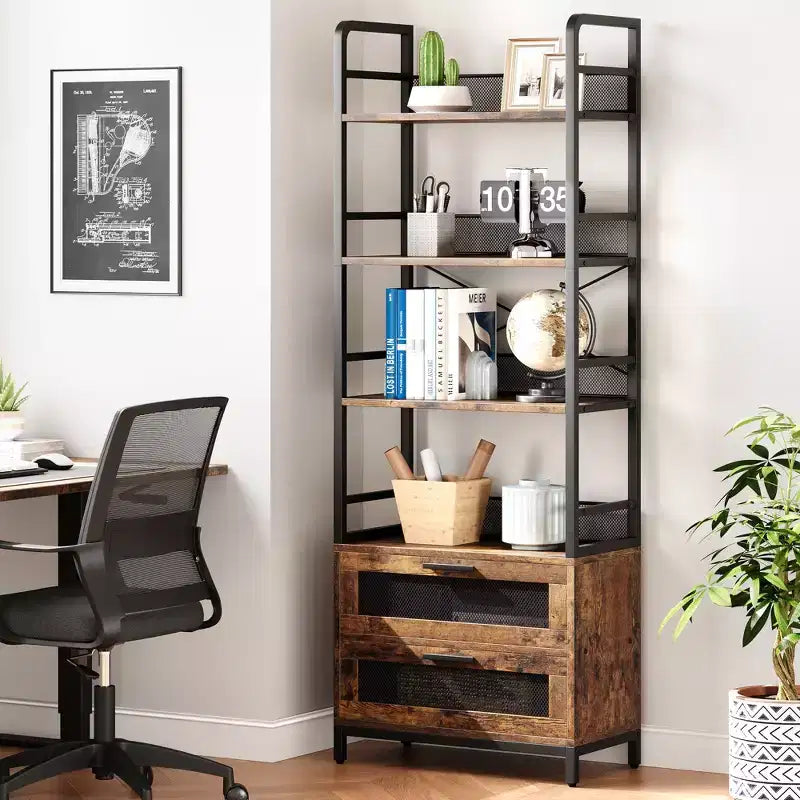 Libreria industriale a 4 ripiani con 2 cassetti, espositore alto 180 cm