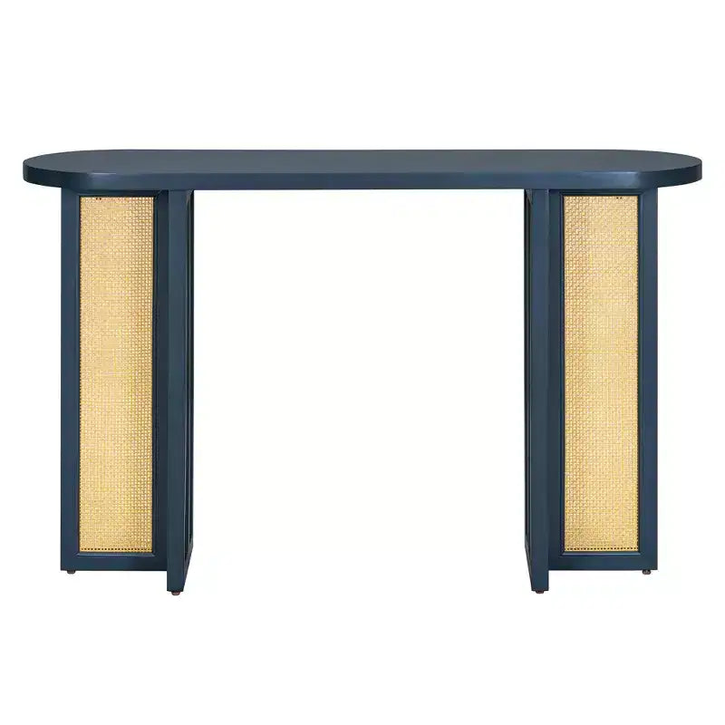 Consolle stretta in rattan con piano ovale e contenitore