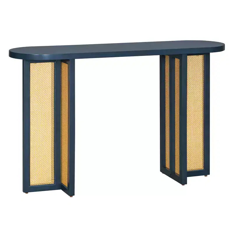 Consolle stretta in rattan con piano ovale e contenitore
