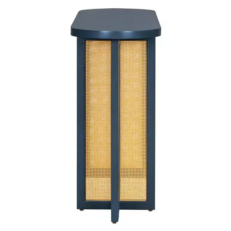 Consolle stretta in rattan con piano ovale e contenitore