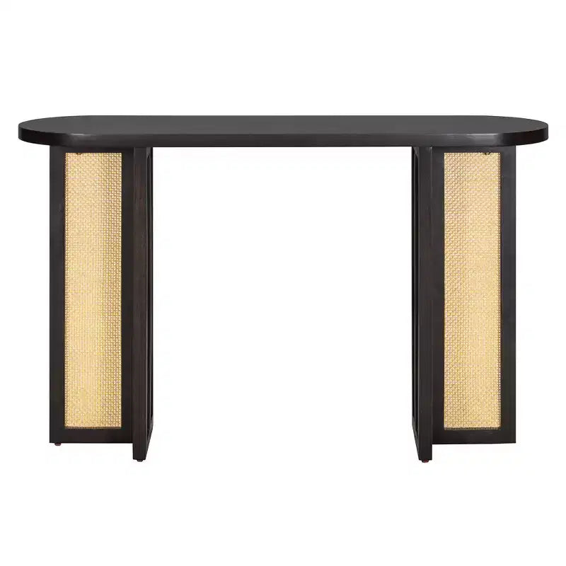 Consolle stretta in rattan con piano ovale e contenitore