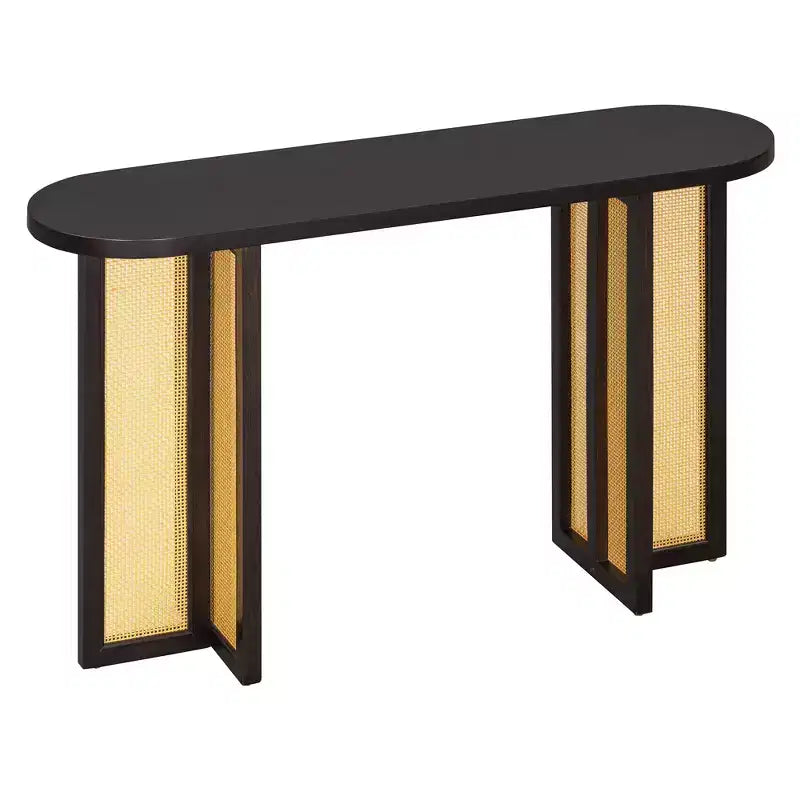 Consolle stretta in rattan con piano ovale e contenitore