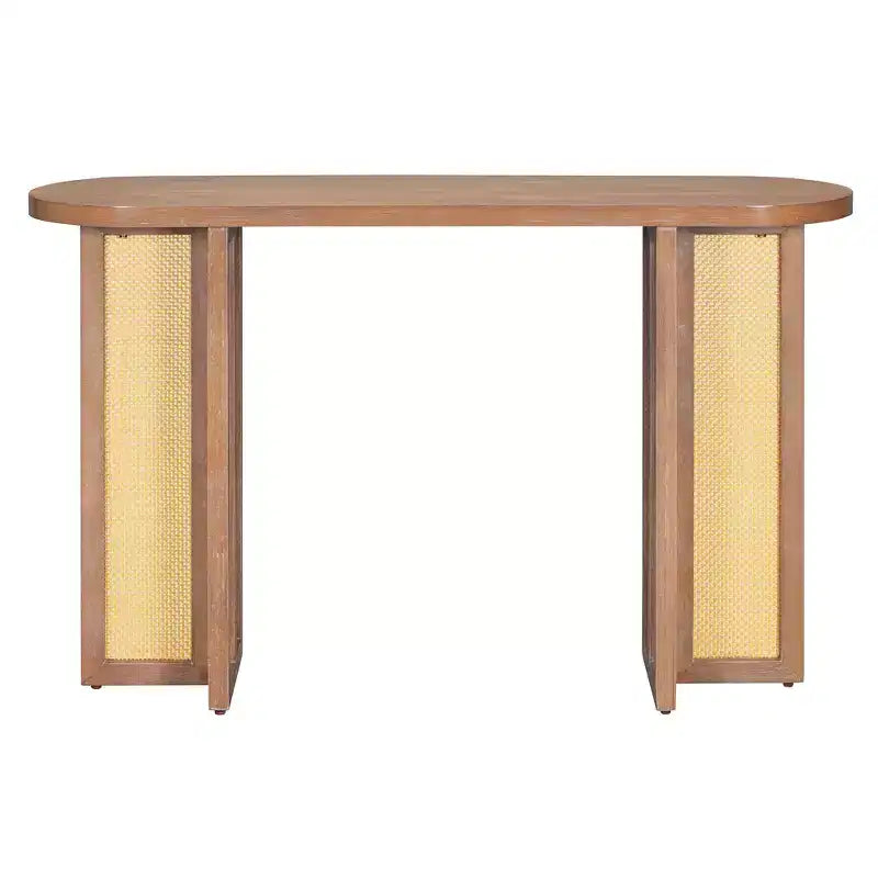 Consolle stretta in rattan con piano ovale e contenitore