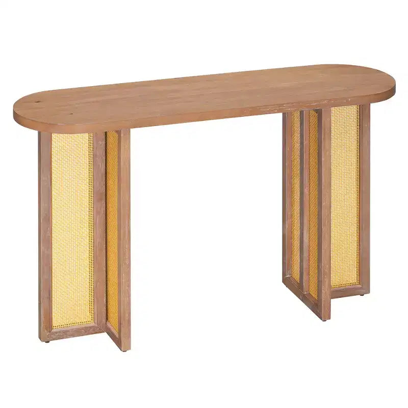 Consolle stretta in rattan con piano ovale e contenitore
