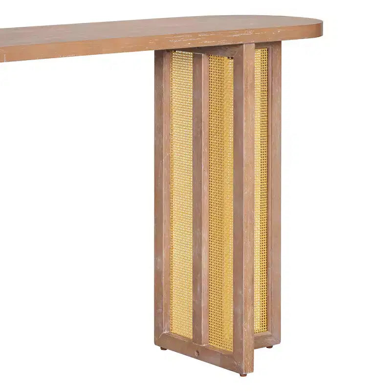 Consolle stretta in rattan con piano ovale e contenitore