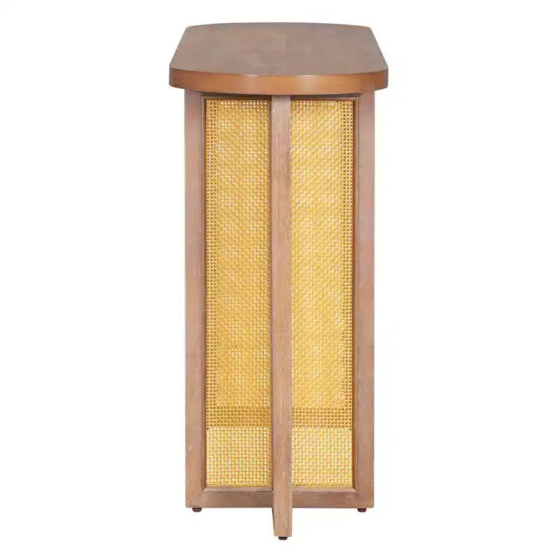 Consolle stretta in rattan con piano ovale e contenitore