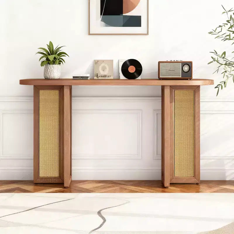 Consolle stretta in rattan con piano ovale e contenitore